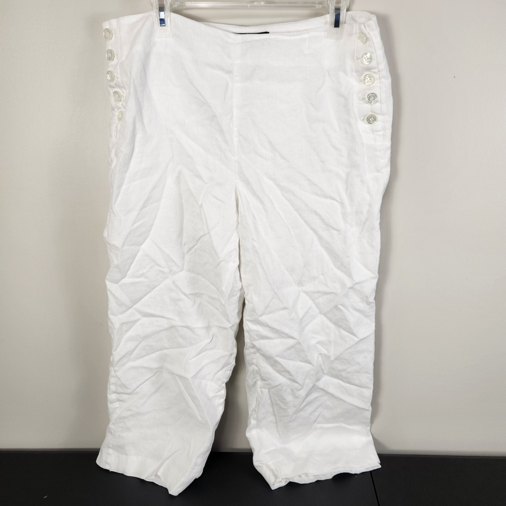 Talbots Womens Pure Linen Chelsea Cropped Pants 12 White Wide Leg Sailor Buttons